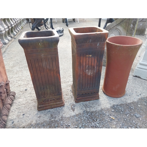 118 - Three early 20th C. stoneware planters {Two: 70cm H x 28cm W x 28cm D and One: 60cm H x 30cm Dia.}