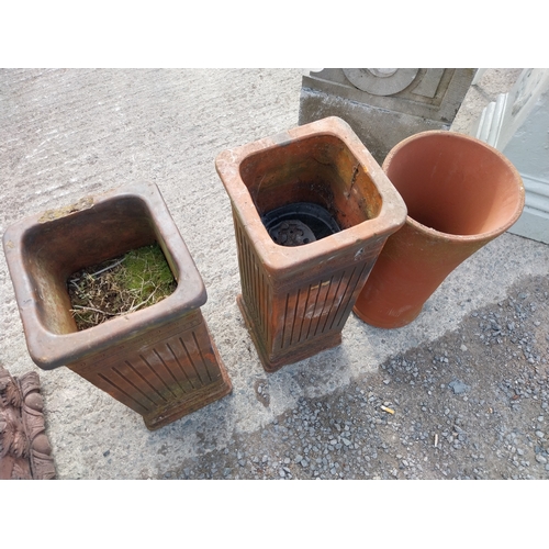 118 - Three early 20th C. stoneware planters {Two: 70cm H x 28cm W x 28cm D and One: 60cm H x 30cm Dia.}