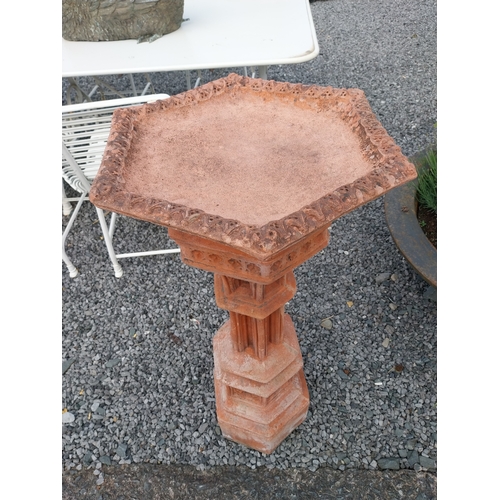 504 - Good quality moulded terracotta bird bath in the gothic style {97cm H x 42cm Dia.}