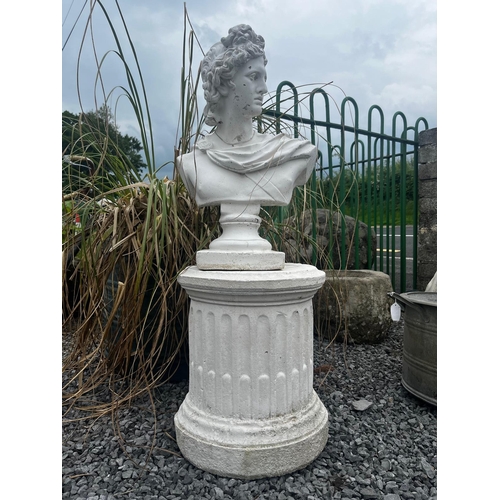 1010 - Moulded stone bust of Ceaser raised on reeded pedestal {102cm H x 38cm Dia.}