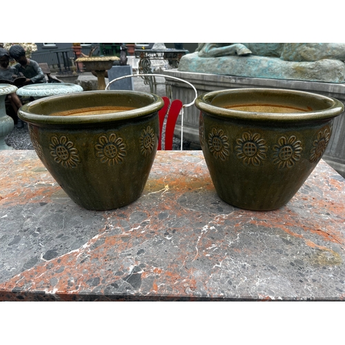 462 - Pair of green glazed terracotta planters {23cm H x 30cm Dia.}