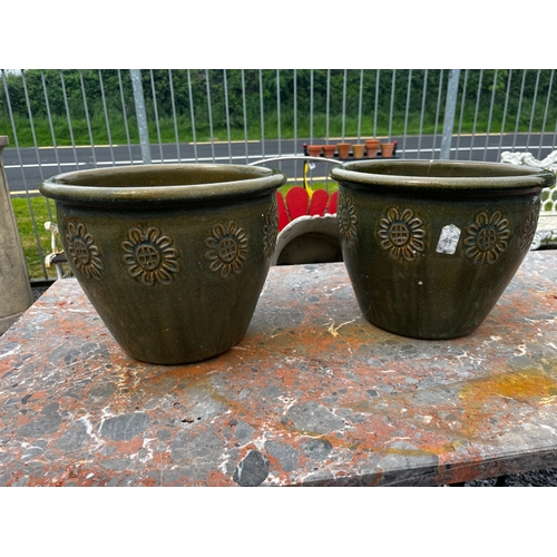 462 - Pair of green glazed terracotta planters {23cm H x 30cm Dia.}