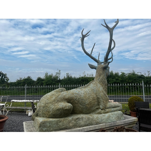 842 - Exceptional quality majestic life size bronze stag on reeded moulded stone plinth {250cm H x 210cm W... 