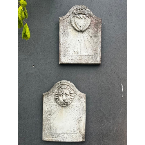 848 - Two early 20th C. cast stone wall sundials {Each 46cm H x 32cm W}