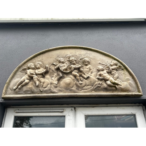 896a - Good quality moulded sandstone wall plaques decorated with cherubs {50cm H x 116cm W}