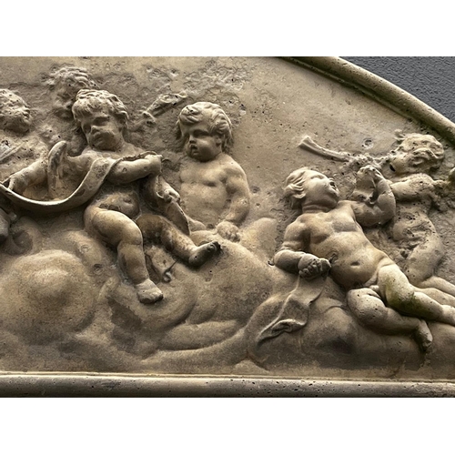 896a - Good quality moulded sandstone wall plaques decorated with cherubs {50cm H x 116cm W}