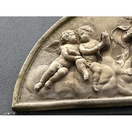 896a - Good quality moulded sandstone wall plaques decorated with cherubs {50cm H x 116cm W}