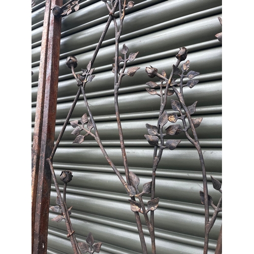 901 - Pair of good quality wrought iron garden gates decorated with roses {223cm H x 150cm W}