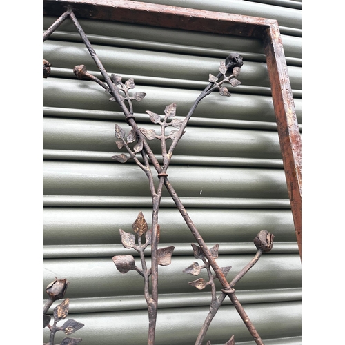 901 - Pair of good quality wrought iron garden gates decorated with roses {223cm H x 150cm W}