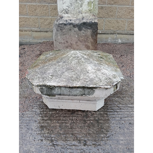 100B - Pair of large limestone pillars with pillar caps {H 255cm x W 50cm x D 50cm Caps 65 x 65}. (NOT AVAI... 