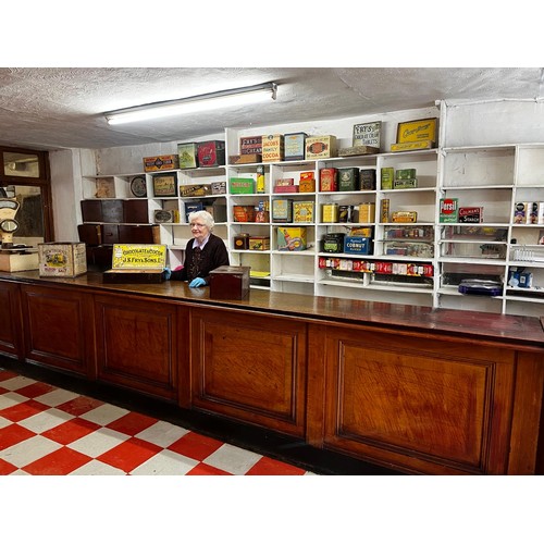 450 - Early 20th C. mahogany and pine bar counter with five inset panels {100 cm H x 520 cm L x 65 cm D}.