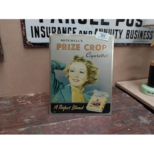 103 - Mitchell's Prize Crop cigarettes enamel advertising sign {24 cm H x 19 cm W}.