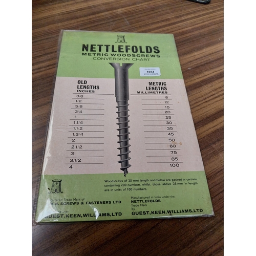 1054 - Nettlefolds Metric Woodscrews Conversion Chart showcard. {36 cm H x 24 cm W}.