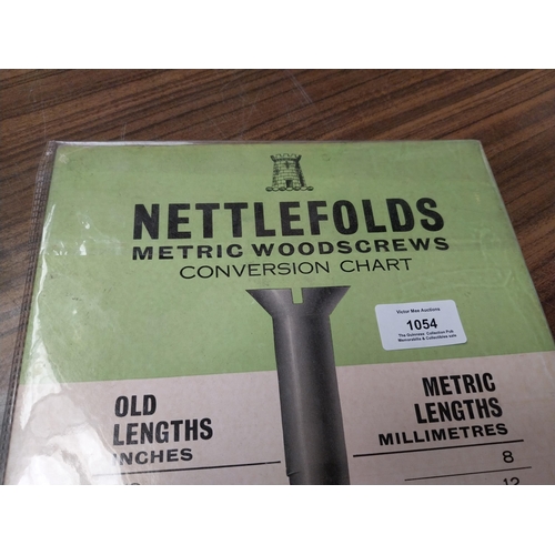 1054 - Nettlefolds Metric Woodscrews Conversion Chart showcard. {36 cm H x 24 cm W}.