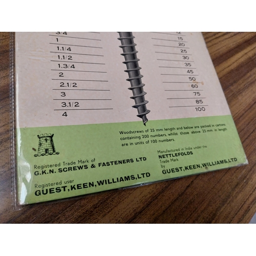 1054 - Nettlefolds Metric Woodscrews Conversion Chart showcard. {36 cm H x 24 cm W}.