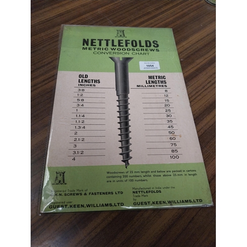 1054 - Nettlefolds Metric Woodscrews Conversion Chart showcard. {36 cm H x 24 cm W}.