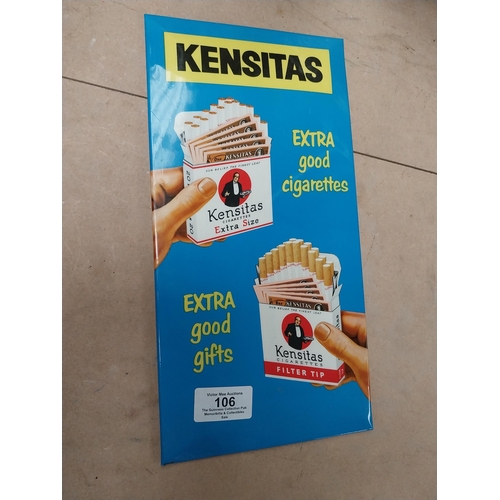 106 - Kensitas Extra Good Cigarettes celluloid counter showcard. {30 cm H x 15 cm W}.