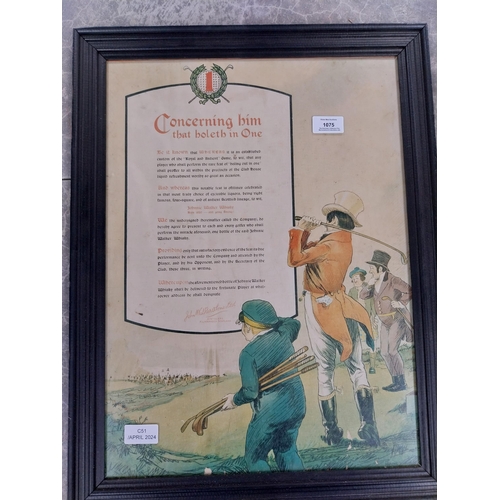 1075 - Framed Golfing print John Walker and Sons Ltd Kilmarnock. {57 cm H x 43 cm W}.