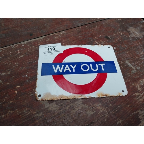 110 - Enamel Way Out Railway sign. {10 cm H x 13 cm W}.