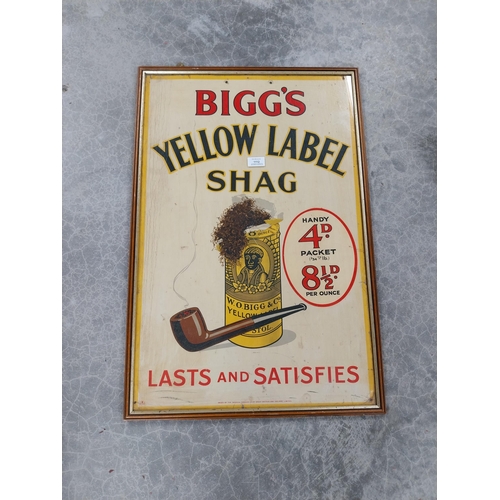 1112 - Bigg's Yellow Label  Shagg framed advertising showcard. {78 cm H x 51 cm W}.