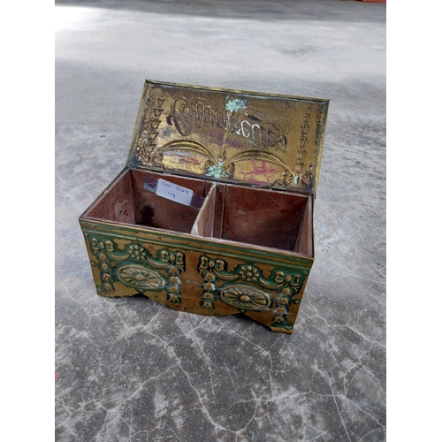 1122 - Early 1900's brass cigarette box. {10 cm H x 20 cm W x 10 cm D}.