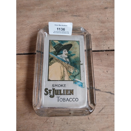 1136 - Smoke St Julien Tobacco pictorial glass advertising ashtray. {3 cm H x 14 cm W x 9 cm D}.