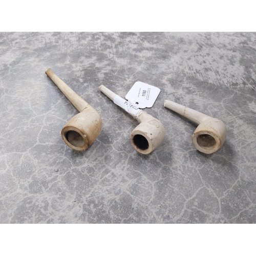 1160 - Three 19th C. clay pipes. {4 cm H x 11 cm W}.