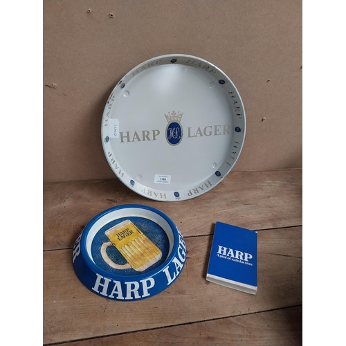 1189 - Harp Lager tinplate drinks tray, {3 cm H x 30 cm Dia.}  Harp Lager ashtray {3 cm H x 20 cm Dia} and ... 