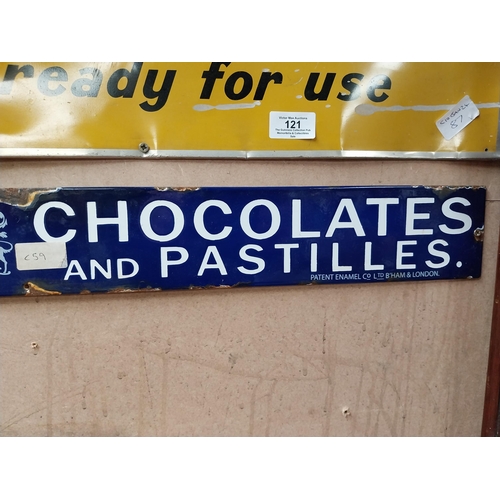 120 - Rowntree's Chocolates and Pastilles enamel advertising sig. {9 cm H x 90 cm W}.