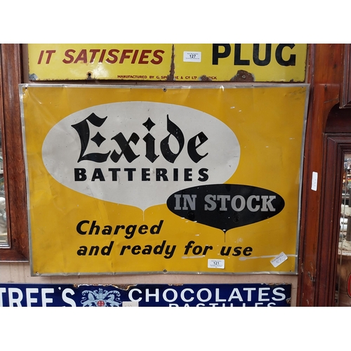 121 - Exide Batteries in Stock Aluminium advertising sign. {43 cm H x 63 cm W}