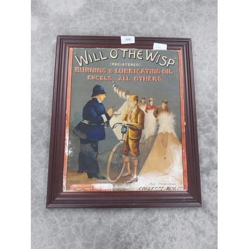 1232 - Framed Will  O' The Wisp Burning and Lubricating Oils showcard. {46 cm H x 39 cm W}.