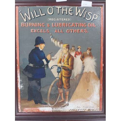 1232 - Framed Will  O' The Wisp Burning and Lubricating Oils showcard. {46 cm H x 39 cm W}.