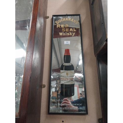 1234 - Buchanan's Red Seal Whiskey pictorial advertising mirror mounted in wooden frame with damage. {67 cm... 