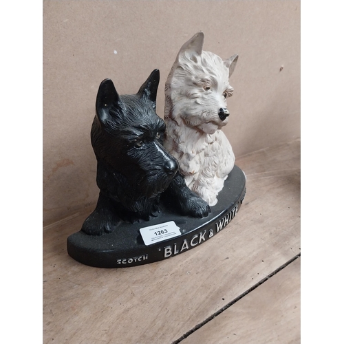 1263 - Black and White Scotch Whiskey Ruberoid advertising dogs. {19 cm H x 25 cm W x 8 cm D}.