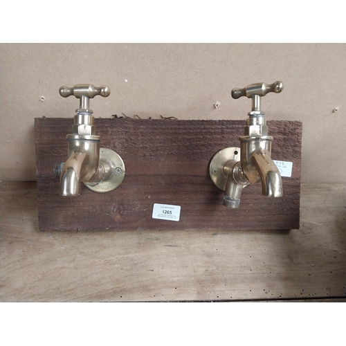 1265 - Pair of Brass taps mounted on wooden board. {14 cm H x 28 cm W}.