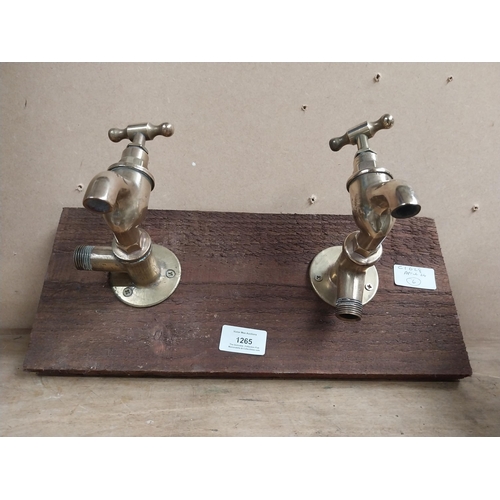 1265 - Pair of Brass taps mounted on wooden board. {14 cm H x 28 cm W}.