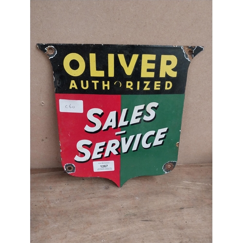 1267 - Oliver Authorised Sales and Service enamel hanging sign. {25 cm H x 25 cm W}.