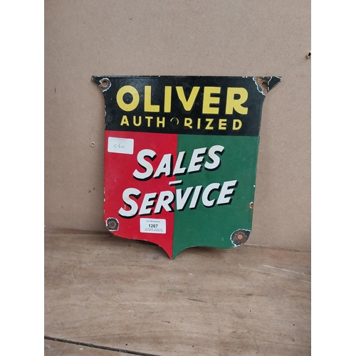 1267 - Oliver Authorised Sales and Service enamel hanging sign. {25 cm H x 25 cm W}.