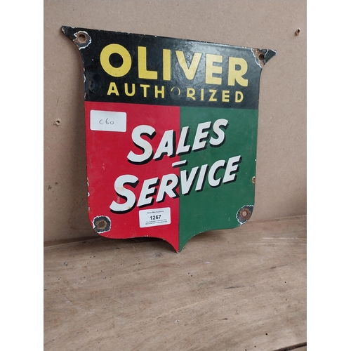 1267 - Oliver Authorised Sales and Service enamel hanging sign. {25 cm H x 25 cm W}.