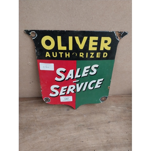 1267 - Oliver Authorised Sales and Service enamel hanging sign. {25 cm H x 25 cm W}.