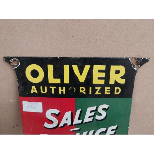 1267 - Oliver Authorised Sales and Service enamel hanging sign. {25 cm H x 25 cm W}.