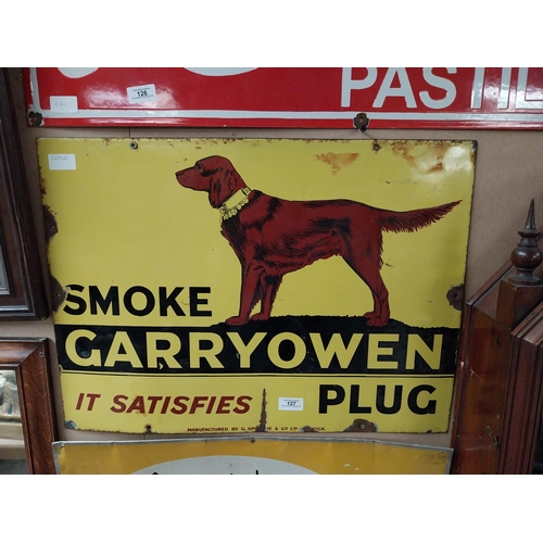 127 - Rare Smoke Garryowen Plug it Satisfies enamel advertising sign. {44 cm H x 61 cm W}.