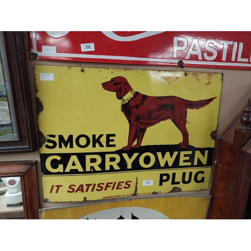 127 - Rare Smoke Garryowen Plug it Satisfies enamel advertising sign. {44 cm H x 61 cm W}.