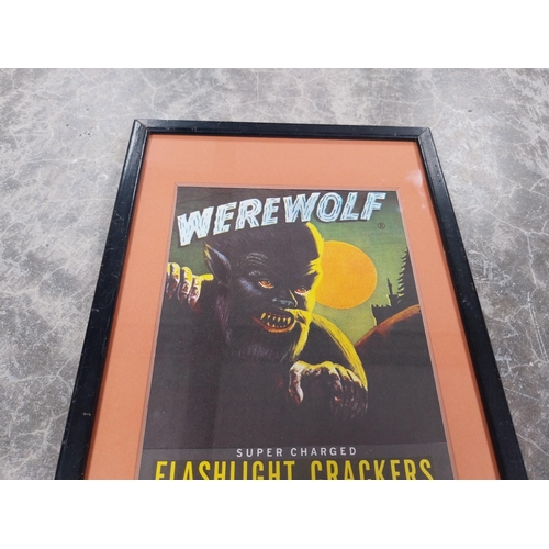 1276 - Werewolf Flashlight Crackers framed advertising print. {34 cm H x 21 cm W}.