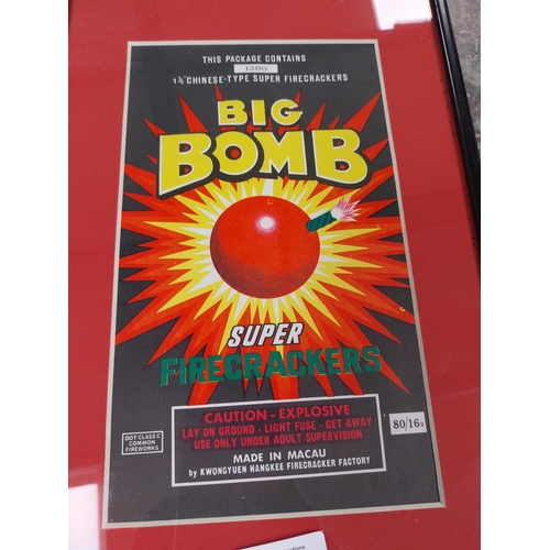 1277 - Big Bomb Firecrackers framed advertising print. {34 cm H x 24 cm W}.