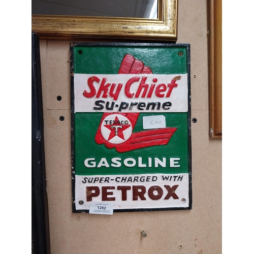 1282 - Sky Chief Supreme Gasoline cast iron advertising sign. {27 cm H x 19 cm W}.