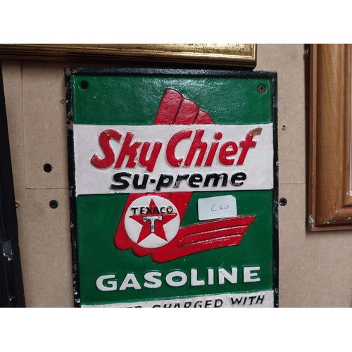 1282 - Sky Chief Supreme Gasoline cast iron advertising sign. {27 cm H x 19 cm W}.