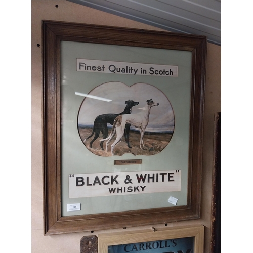 1287 - Black and White Scotch Whiskey framed advertising print. {59 cm H x 50 cm W}.