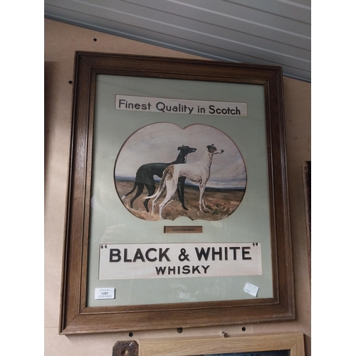 1287 - Black and White Scotch Whiskey framed advertising print. {59 cm H x 50 cm W}.