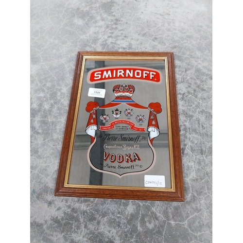 1320 - Smirnoff Vodka framed advertising mirror. {34 cm H x 24 cm W}.